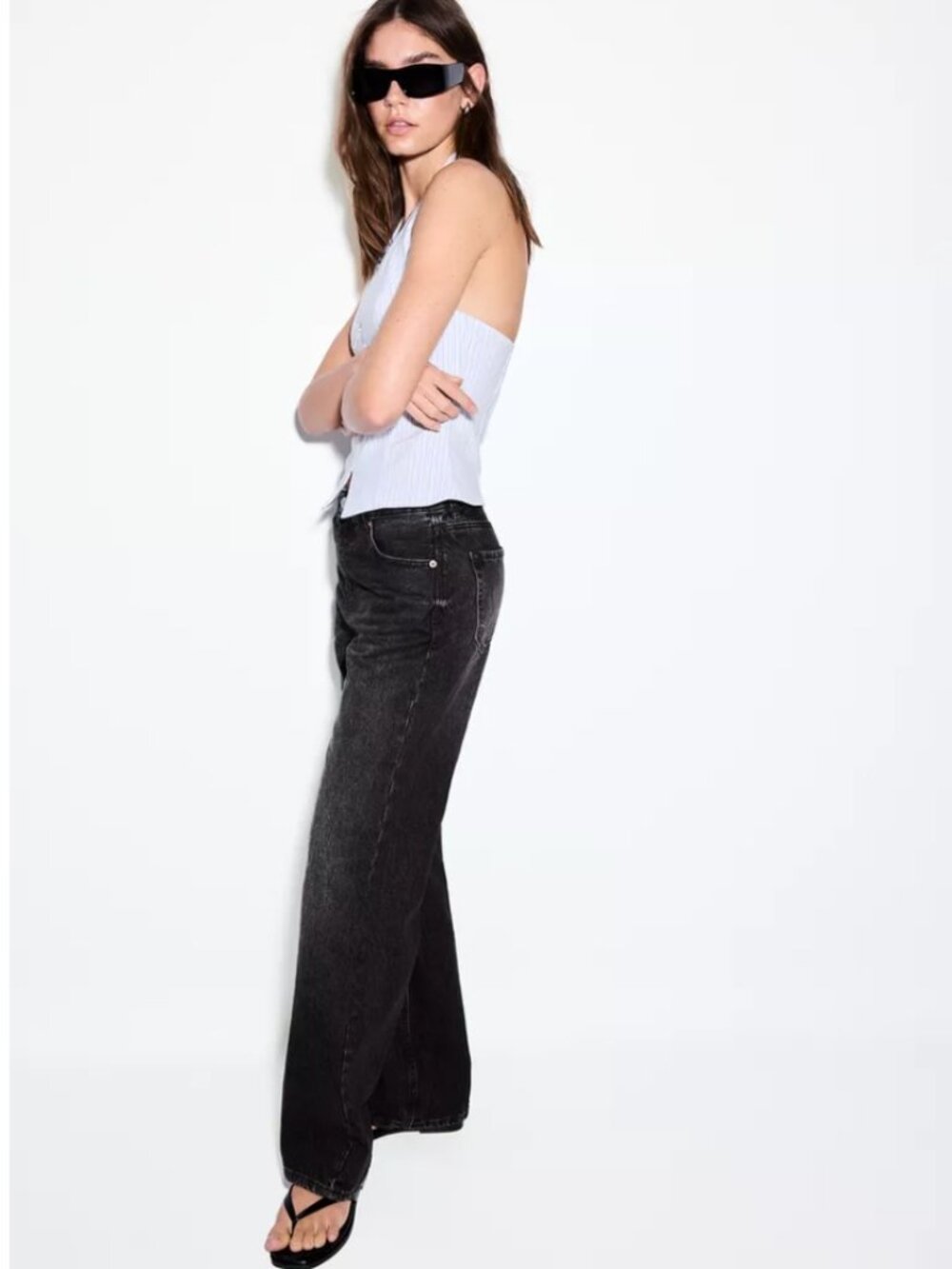 Stradivarious D92 straight wide-leg jeans black Size 4 Sz 36